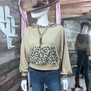 Drop Shoulder Balloon Sleeve Crop Length Contrasting Leopard Print Hoodie